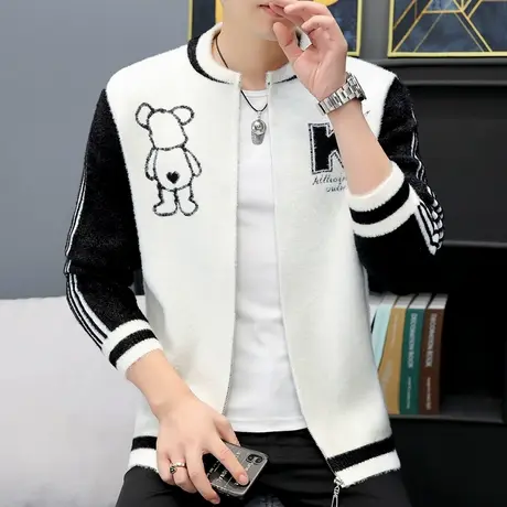 学生加厚针织开衫男士秋冬季韩版水貂绒毛衣外套潮牌立领休闲夹克商品大图