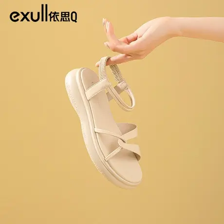 依思q一字带凉鞋女夏季2024年新款配裙子厚底软底时尚罗马沙滩鞋商品大图