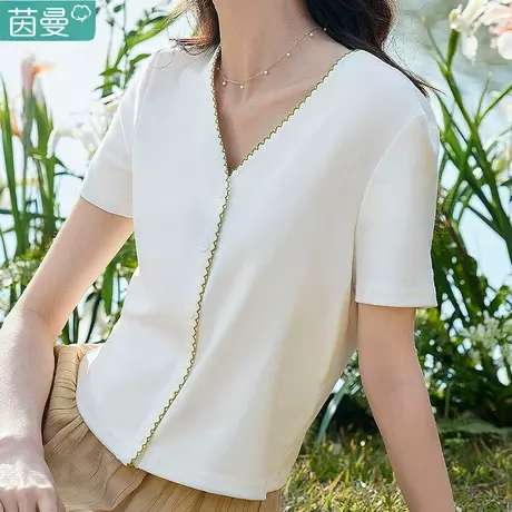 茵曼旗舰店针织T恤2024夏季女装新款短袖上衣体桖t恤正肩半袖开衫图片