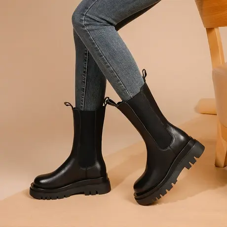 真皮切尔西短靴女秋冬厚底黑色马丁靴内增高加绒女靴英伦风骑士靴商品大图