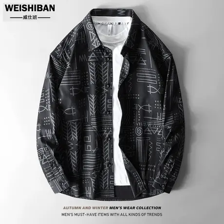 2022春季新款街头涂鸦长袖衬衫男外穿痞帅上衣美式休闲宽松薄外套商品大图