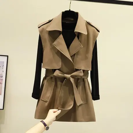 秋装2020年新款西装领收腰系带背心马甲外套长袖打底衫两件套装女商品大图