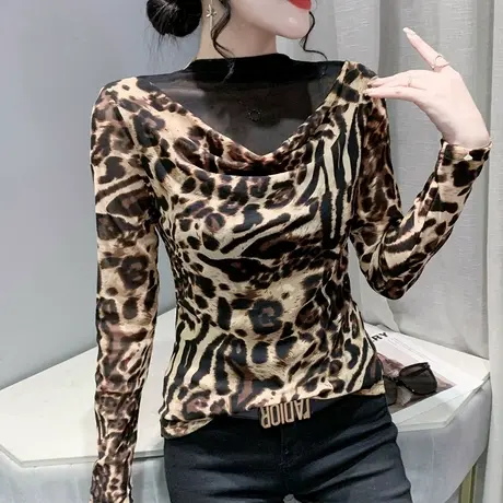 网纱豹纹打底衫女士内搭长袖欧货性感气质T恤洋气显瘦半高领上衣图片