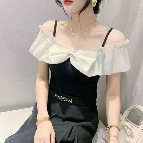 一字领吊带T恤女短袖2023夏装新款网纱拼接小衫设计感蝴蝶结上衣商品大图