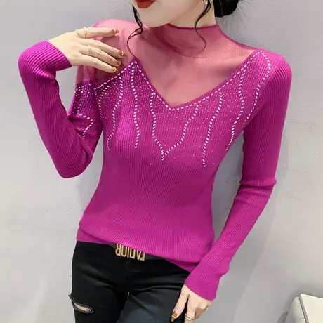 性感网纱拼接针织衫女秋冬套头半高领毛衣内搭重工烫钻打底上衣潮商品大图