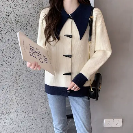 娃娃领针织衫女牛角扣开衫毛衣外套2023秋季新款设计感洋气上衣女商品大图