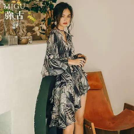 弥古v领雪纺波西米亚连衣裙女夏小个子海边度假沙滩裙不规则裙子图片