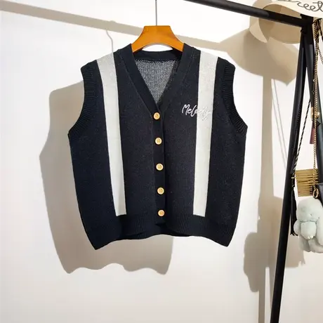 法式复古v领撞色针织马甲女秋季新款宽松v领叠穿毛衣背心开衫外套商品大图