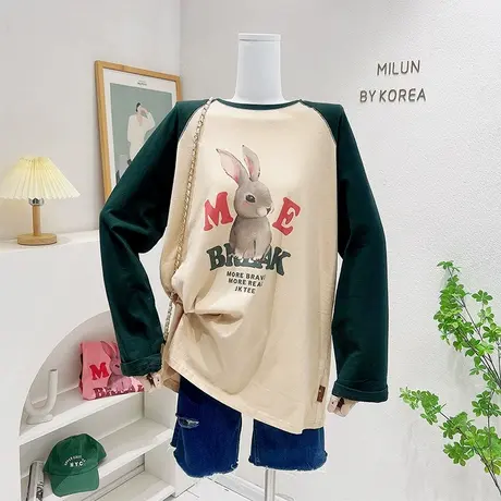 2022早秋新款韩国东大门ins兔子复古撞色T恤长袖上衣包臀叠穿休闲商品大图