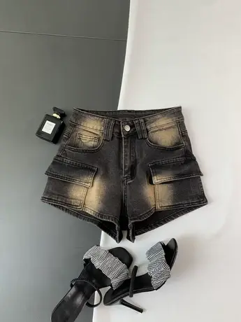 韩版辣妹口袋工装牛仔短裤女2023新款弹力包臀a字宽松阔腿热裤潮商品大图