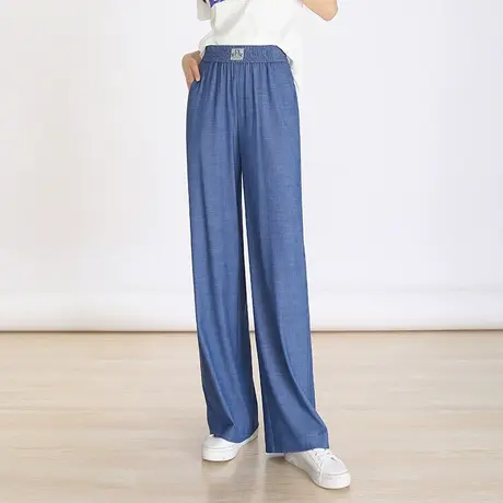 天丝牛仔裤女夏薄款松紧腰垂感阔腿裤2023新款显瘦长裤直筒休闲裤图片