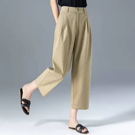 卡其色裤子女夏冰丝阔腿裤2023新款老爹裤天丝妈妈女裤休闲九分裤图片