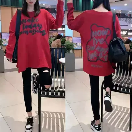 欧货大版后背字母熊印花外穿长袖t恤女春秋款宽松大码开叉打底衫图片