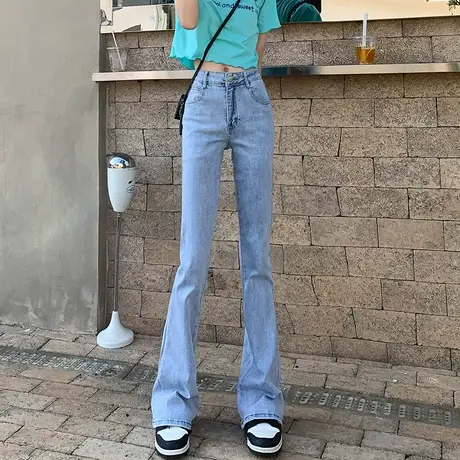 浅色牛仔裤女微喇叭2023年新款春装高腰阔腿胖mm大码显瘦马蹄长裤商品大图