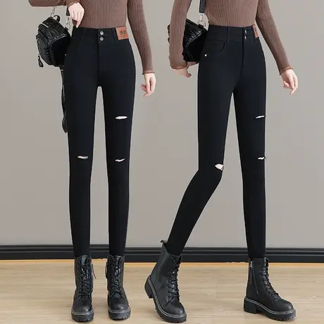 破洞打底裤女外穿2023春秋新款高腰紧身铅笔裤黑色弹力小脚魔术裤图片