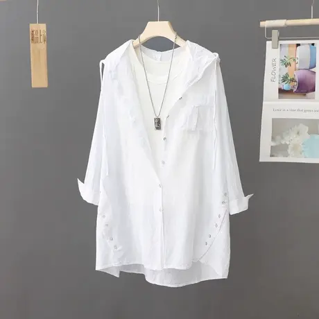 夏季新款连帽薄款防晒衬衫女长袖宽松休闲棉质白色防晒衫开衫外套图片