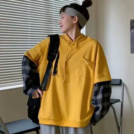 日系古着vintage卫衣女假两件宽松韩版bf慵懒风春秋薄款外套潮ins商品大图