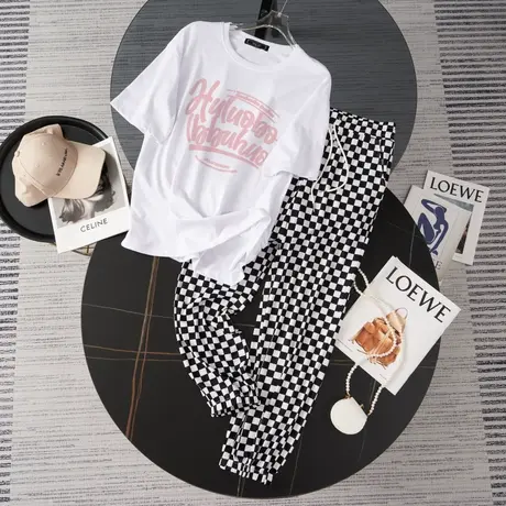 纯棉运动服套装跑步女夏季宽松短袖长裤小个子时尚洋气休闲两件套商品大图