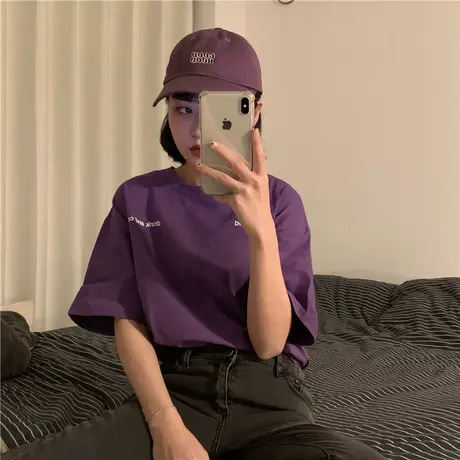 红续2023夏装新款韩版原宿风字母百搭宽松bf学生纯棉短袖T恤女ins图片