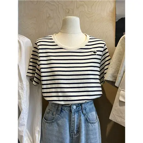 夏季韩版小清新刺绣个性条纹短袖韩国东大门学院风百搭套头T桖女商品大图