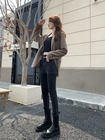 2023年秋冬新款灰黑色紧身小脚牛仔裤女高腰修身加绒冬季2023爆款图片