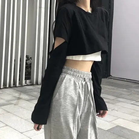 ins超火短款长袖t恤女2021春秋新款甜酷辣妹风修身露脐两件套上衣图片