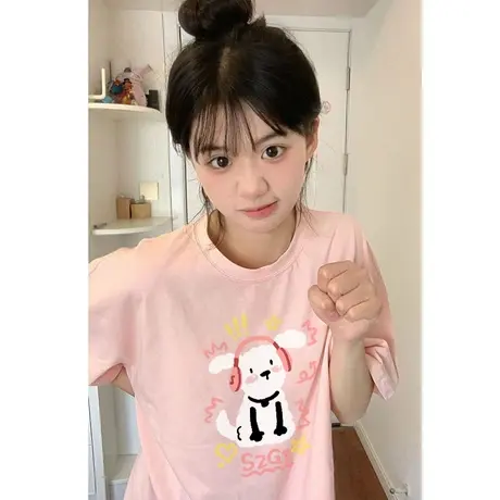 纯棉粉色短袖t恤女夏季2023新款小个子美式复古宽松上衣设计感潮图片