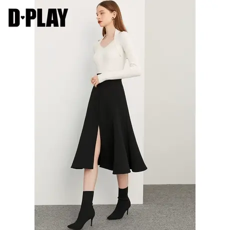 DPLAY秋装季新品气质高腰中长款前开衩分割鱼尾大摆黑色半身裙图片