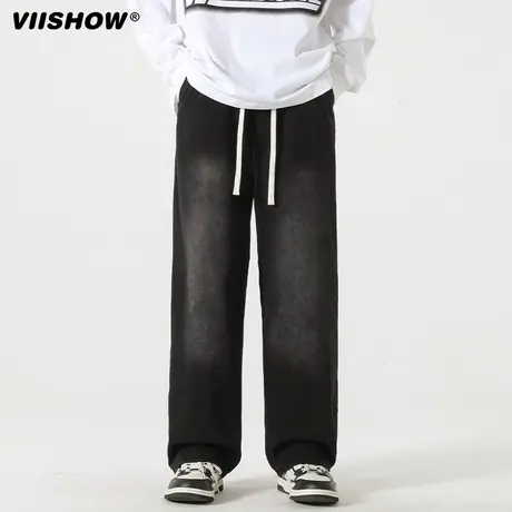 VIISHOW松紧腰牛仔裤男春秋直筒宽松抽绳阔腿拖地裤垂感长裤子商品大图