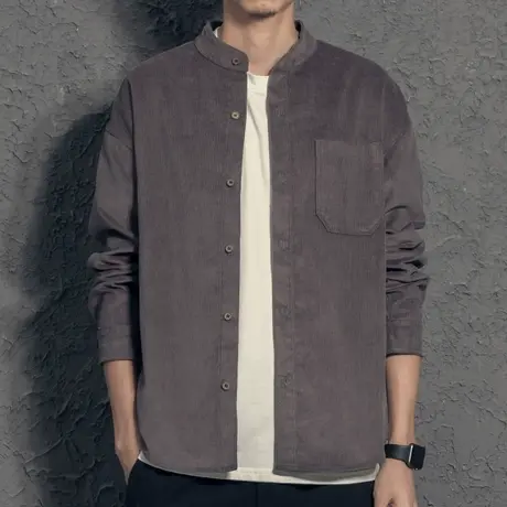 奕飏日系复古灯芯绒立领衬衫潮流休闲百搭男士长袖衬衣2019春秋款图片