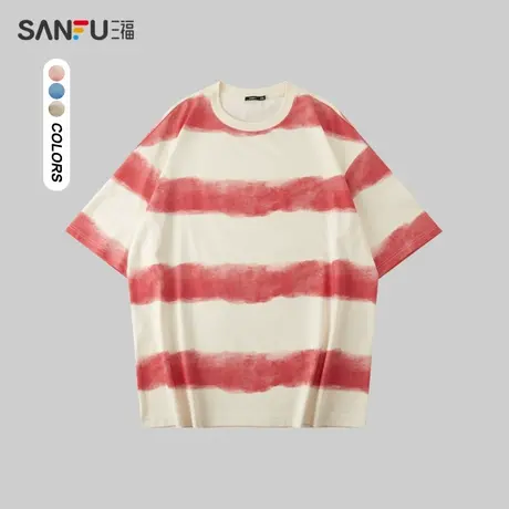 三福2023秋男士水彩条纹重磅短T恤 学院休闲宽松圆领上衣475344商品大图