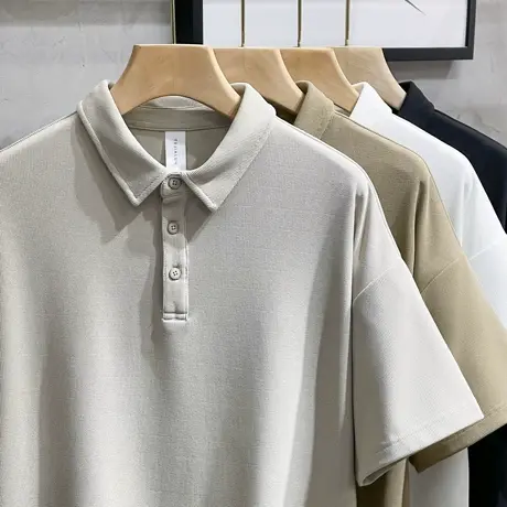 纯色polo衫男潮牌宽松落肩半袖翻领t恤男士短袖2023新款潮流高端商品大图