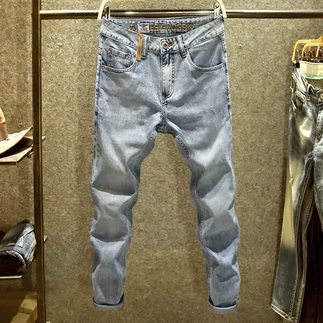 浅蓝色个性双皮扣设计牛仔裤男潮牌修身百搭裤子男潮流韩版小脚裤商品大图