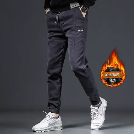 牛仔裤男冬季加绒加厚2022新款潮牌修身束脚男士拼接保暖弹力裤子商品大图