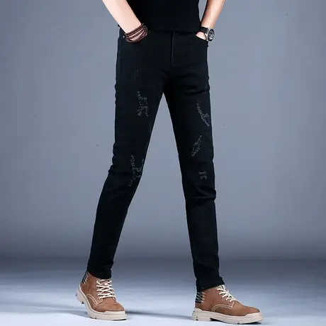 黑色牛仔裤男款百搭裤子男破洞修身小脚休闲长裤夏季2023新款弹力商品大图