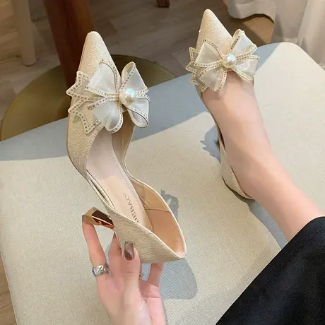 女式凉鞋2023新款高级感夏季蝴蝶结珍珠配裙子气质单鞋法式高跟鞋商品大图