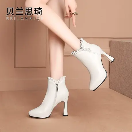 真皮厚底尖头粗跟短靴女2023秋冬季新款韩版百搭防水台高跟短靴子图片