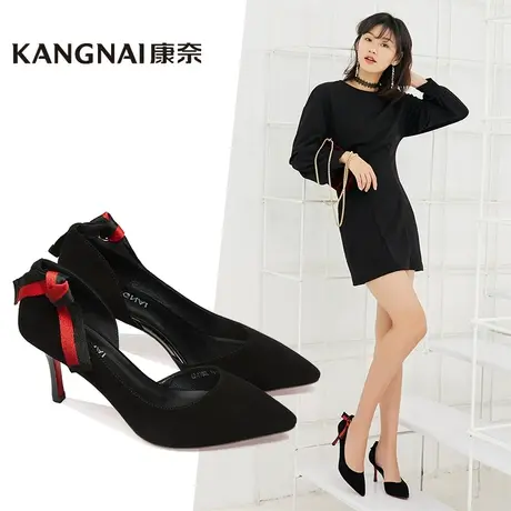 康奈官方女鞋店时尚羊皮凉鞋反绒细跟浅口单鞋优雅丝带高跟凉鞋女商品大图