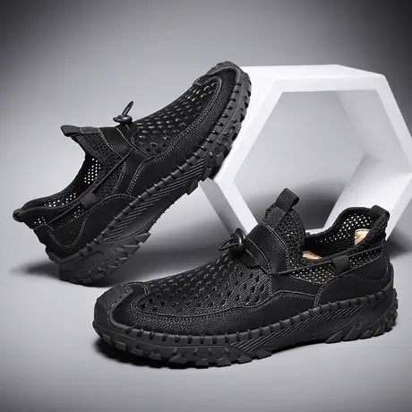 大码45男士镂空皮鞋男夏季46薄款透气孔户外休闲鞋轻便舒适网面鞋图片