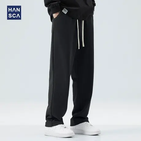hansca黑色重磅卫裤男春季新款美式休闲直筒宽松阔腿抽绳运动长裤商品大图