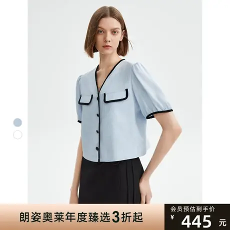 朗姿复古小香风泡泡袖短袖衬衫上衣2023年夏季新款短款内搭衬衣女图片