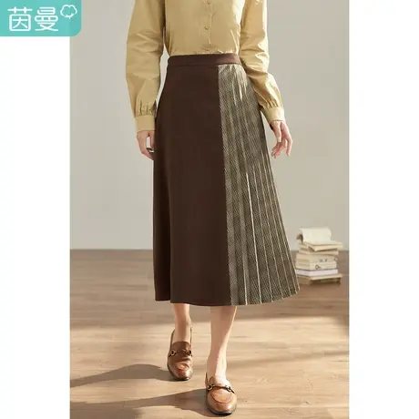 【商场同款】茵曼2023春女装新款复古拼接不规则格纹A字半身裙图片
