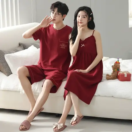 猫人情侣睡衣女带胸垫春秋季2024新款结婚红色本命年睡裙家居服男商品大图