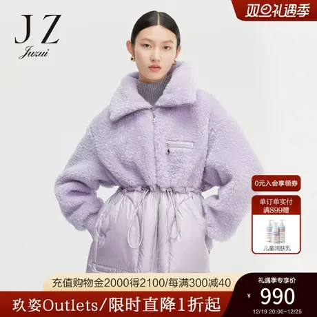 JUZUI玖姿官方奥莱冬新款时尚颗粒绒拼接抽绳收腰一手长女羽绒服商品大图