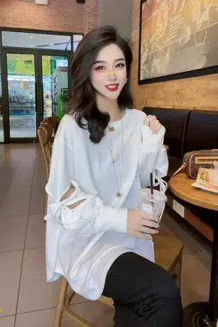 潮流时尚T恤长袖2023秋季新款纯色休闲宽松小众设计感百搭上衣女图片