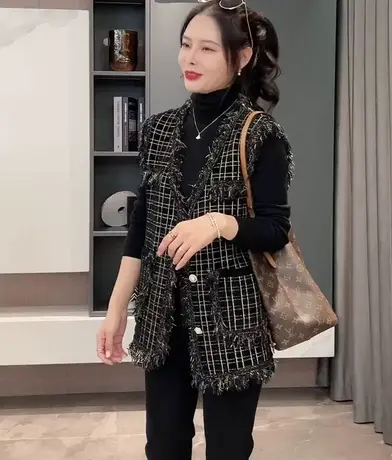 小香风格子马甲背心秋季2023新款气质流苏宽松针织外套女士ins潮商品大图