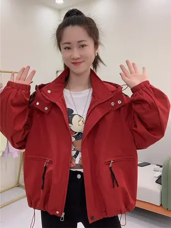 网红三道杠棒球服外套女短款2023春季新款连帽工装休闲宽松夹克衫商品大图