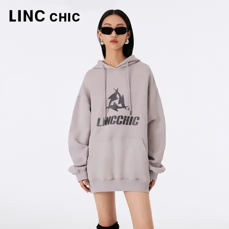 LINCCHIC金羽杰连帽卫衣女2023秋新款OVERSIZE宽松中长款拉绒外套图片