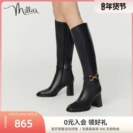 millie's妙丽冬新款牛皮简约金属扣高筒骑士女长靴SFX41DG2商品大图