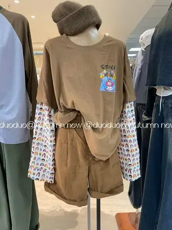 韩国秋装新款圆领字母卡通图案拼接袖假两件长袖T恤女打底衫上衣商品大图